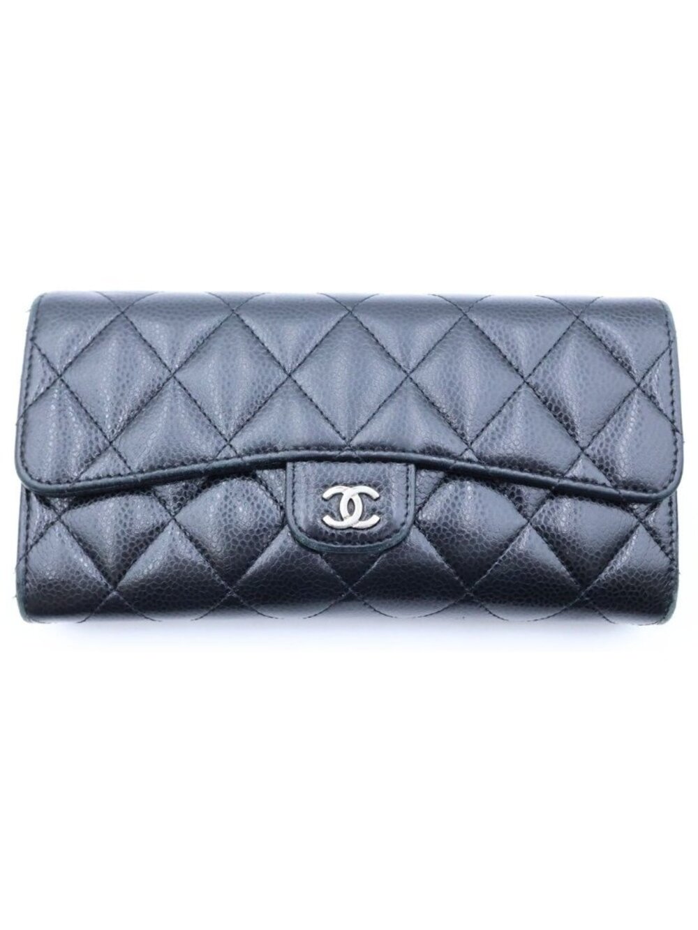Chanel Quilted Classic Wallet Black Caviar Leather Silver
